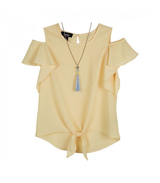 Amy Byer Yellow Short Sleeve Tie Front Blouse With Necklace